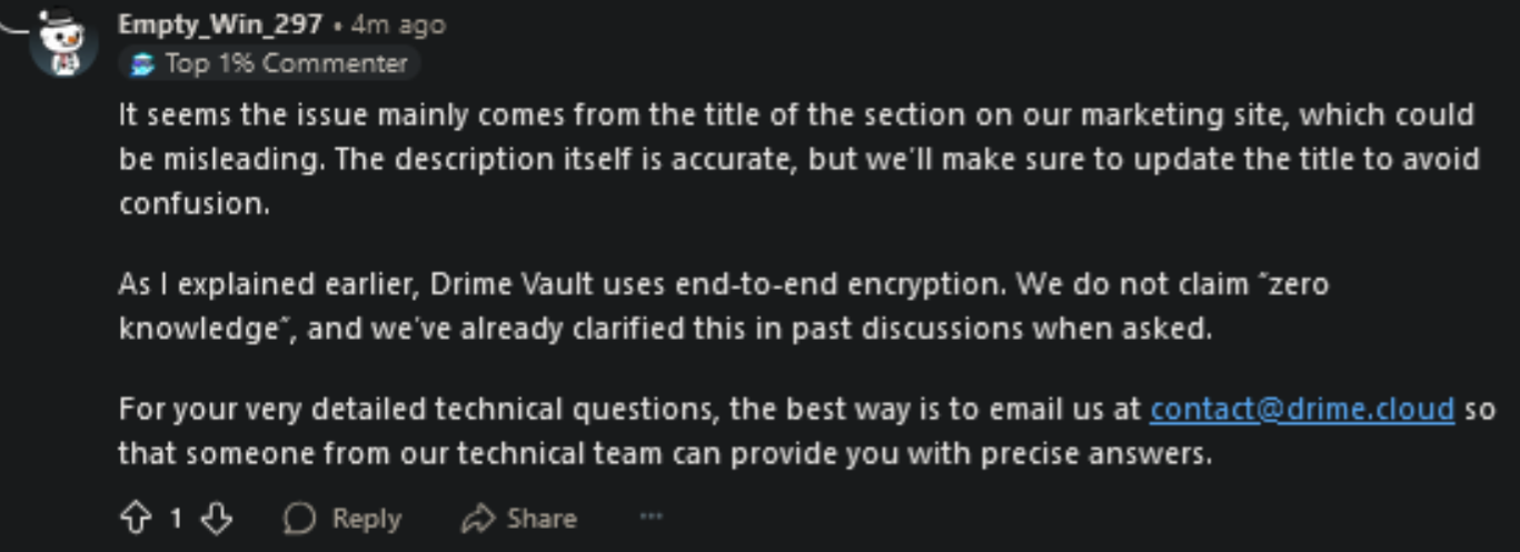 Drime team response denying zero-knowledge claims