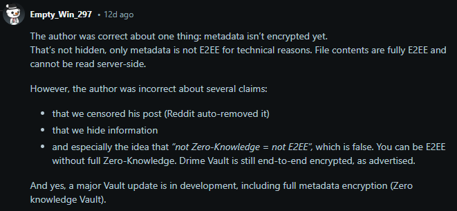 Screenshot of Drime's Reddit Comment