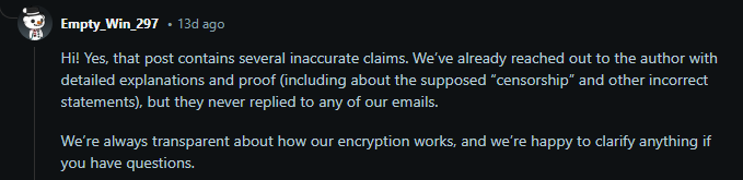 Screenshot of Drime's Reddit Comment